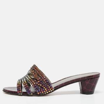 Pre Owned Gina Purple Leather Crystal Embellished Slide Sandals Size 38