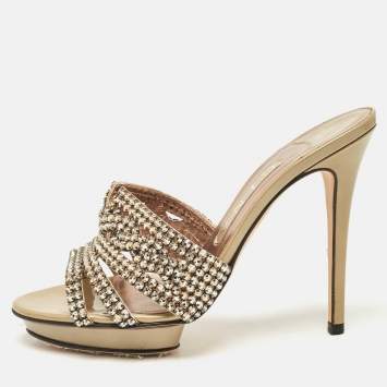 Pre Owned  Gina Rose Gold Leather Crystal Embellished Slide Sandals Size 38