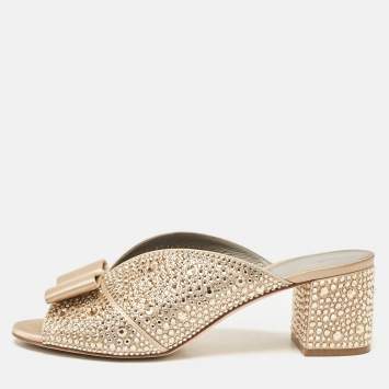 Pre Owned Gina Gold Satin Crystal Embellished Bourdin Mules Size 40