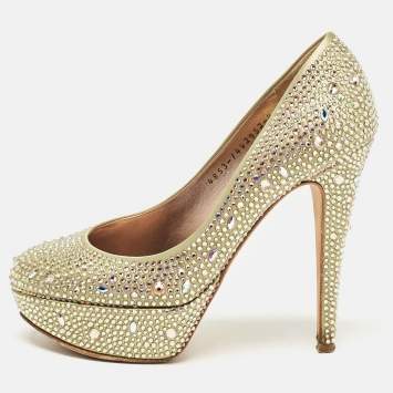 Pre Owned Gina Green Satin Crystal Embellished Platform Pumps Size 37