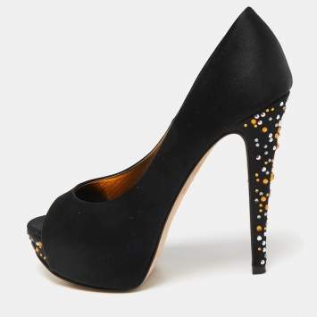 Pre Owned Gina Black Satin Jenna Crystal Embellished Platform Pumps Size 37.5