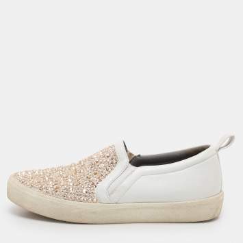 Gina White/Beige Leather and Satin Crystal Embellished Slip On Sneakers Size 38