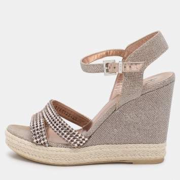 Pre Owned Gina Silver/Rose Gold Lame Fabric and Leather Wedge Espadrille Sandals Size 39.5