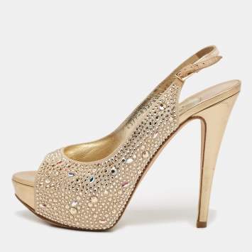 Pre Owned Gina Gold Satin and Leather Crystals Embellished Slingback Sandals Size 38.5