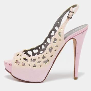 Pre Owned Gina Light Pink Crystal Embellished Suede Cut-Out Platform Slingback Sandals Size 38.5