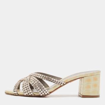 Pre Owned Gina Cream Croc Embossed Patent Leather Crystal Embellished Slide Sandals Size 36.5