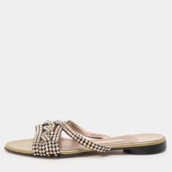 Gina Olive Crystals Embellished Flats Sandals Size 36