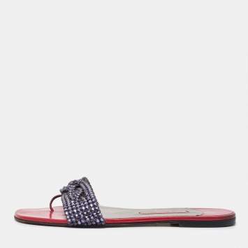 Pre Owned Gina Pink Leather Crystal Embellished Flat Slide Sandals Size 40.5