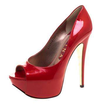 Pre Owned Gina Red Patent Open Toe Platform Pumps Size 38
