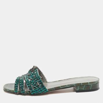 Gina Green Crystal Embellished Leather Flat Slides Size 39