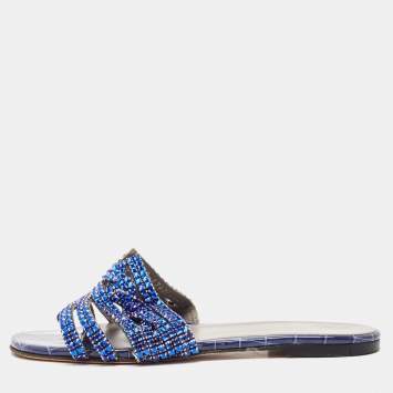Pre Owned Gina Silver Croc Embossed Leather Crystals Flat Slides Size 38