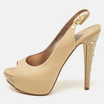 Pre Owned Gina Brown Canvas Crystal Embellished Slingback Pumps Size 37