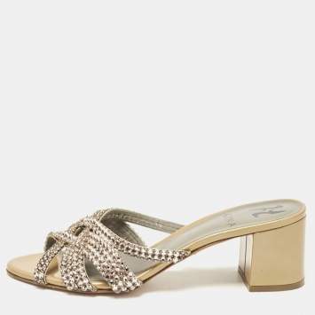 Pre Owned Gina Gold/BrownCrystal Embellished Leather Slide Sandals Size 37