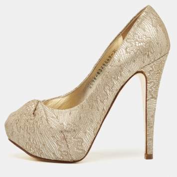 Pre Owned Gina Gold Woven Straw Claire Platform Pumps Size 36.5