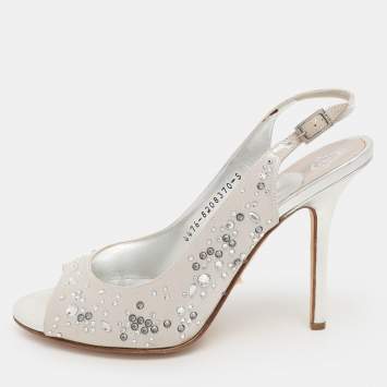 Pre Owned Gina Silver Satin Crystal Embellished Peep Toe Slingback Pumps Size 38