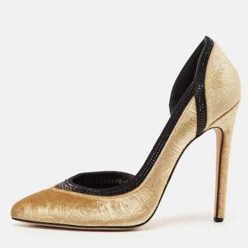 Pre Owned Gina Gold Paisley Print Velvet Crystals Embellished D'orsay Pumps Size 39