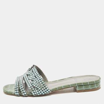 Pre Owned Gina Green Croc Embossed Patent Leather Loren Slide Flats Size 38