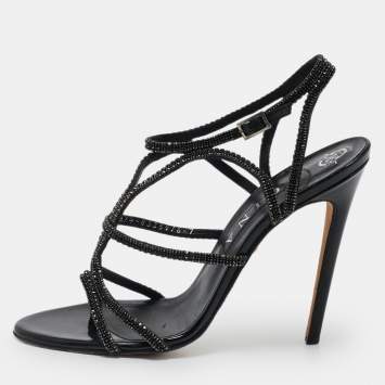 Pre Owned Gina Black Leather Crystal Embellished Ankle Strap Sandals Size 40
