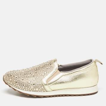 Pre Owned Gina Beige Leather and Crystal Embellished  Slip On Sneakers Size 40