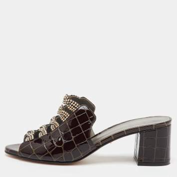 Pre Owned Gina Dark Brown Croc Embossed Patent Leather Crystal Embellished Slide Sandals Size 37