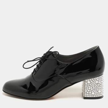 Gina Black Patent Leather Crystal Embellished Oxford Pumps Size 38