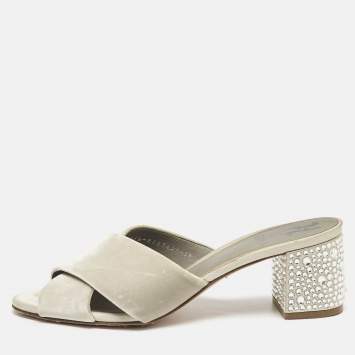 Pre Owned Gina Grey Velvet Cross Strap Slide Sandals Size 39
