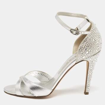 Pre Owned Gina Silver Leather Crystals Embellished Ankle Strap Sandals Size 39.5