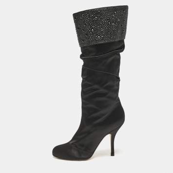 Pre Owned Gina Black Satin Crystals Embellished Pleated Mid Calf Boots Size 37