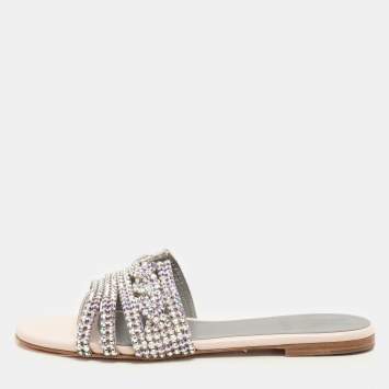 Pre Owned Gina Pink Crystal Embellished Leather Flat Slides Size 37