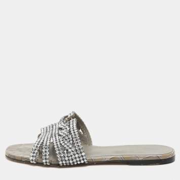 Pre Owned Gina Green Croc Embossed Crystal Embellished Thong Flat Slides Size 38.5