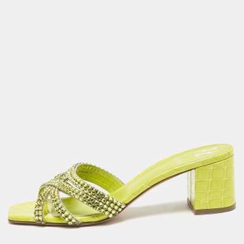 Pre Owned Gina Green Croc Embossed Leather Crystal Embellished Slide Sandals Size 39