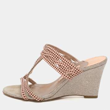 Pre Owned Gina Pink Beads Embellished Wedge Sandals Size 37.5