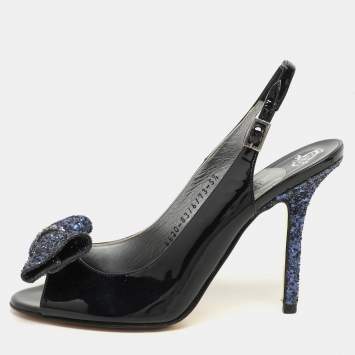Gina Blue Patent Leather and Glitter Bow Embellished Peep Toe Slingback Pumps Size 38.5