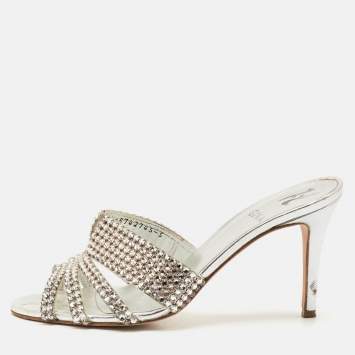 Gina Silver Crystal Embellished Leather Slide Sandals Size 38