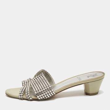 Gina Olive Green/Silver Patent Leather Vida Crystals Slide Sandals Size 37.5