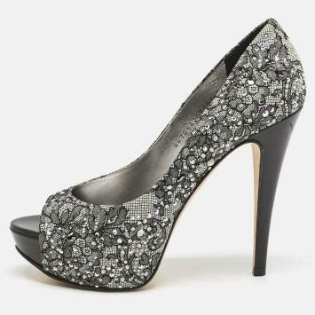 Gina Grey/Black Lace Crystal Embellished Open Toe Platform Pumps Size 39