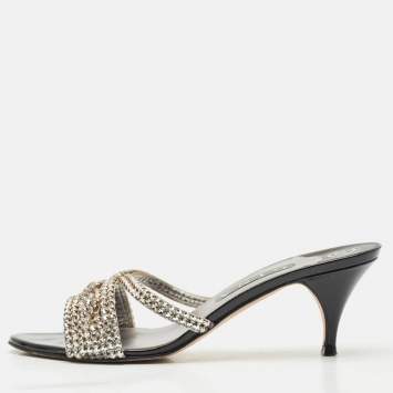 Pre Owned Gina Black/Silver Patent and Leather Crystal Embellished Slide Sandals Size 40.5