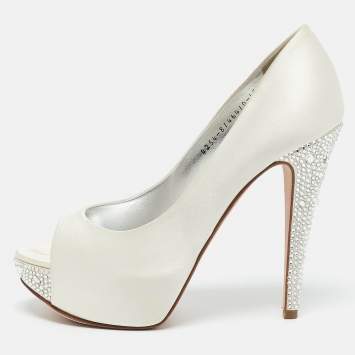 Gina White Satin Jenna Crystal Embellished Heel Open Toe Platform Pumps Size 39.5
