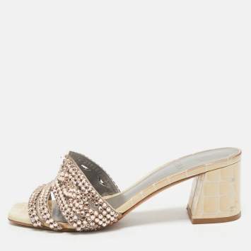Gina Beige Croc Embossed Patent Leather Crystal Embellished Slide Sandals Size 36.5