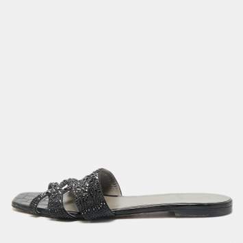 Gina Black Satin Crystal Embellished Loren Flat Slide Sandals Size 41