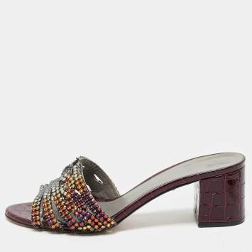 Pre Owned Gina Burgundy Croc Embossed Patent Leather Crystal Embellished Visage Slide Sandals Size 40