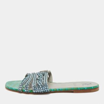 Gina Green Croc Embossed Patent Leather Crystal Embellished Loren Flat Slide Size 38.5