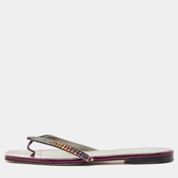 Gina Burgundy Leather Crystal Embellished Thong Flat Slides Size 40.5