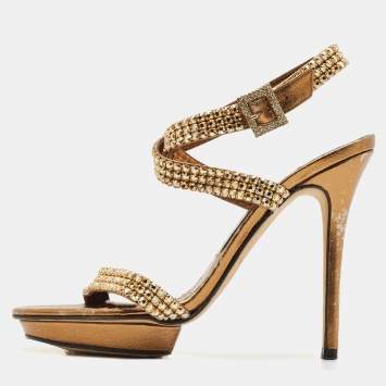 Gina Gold Leather Crystal Embellished Ankle Strap Sandals Size 38