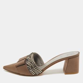 Gina Brown Satin Crystal Embellished Chachki Block Heel Mules Size 38