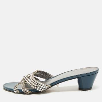 Pre Owned Gina Blue//Silver Patent Leather Crystal Embellished Slides Sandals Size 38.5