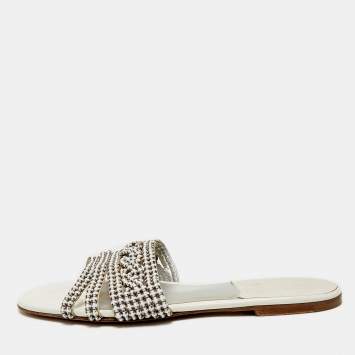 Pre Owned Gina Silver Leather Crystal Embellished Leather Loren Flat Sandals Size 39.5