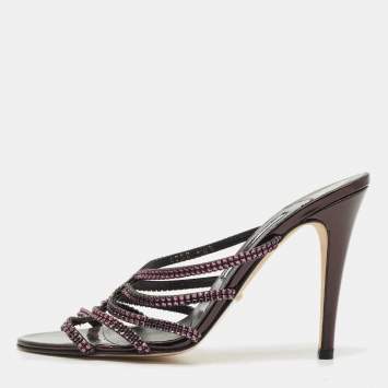 Gina Purple Leather Crystal Embellished Slide Sandals Size 39.5