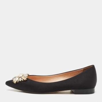 Pre Owned Gina Black Satin Crystal Embellished Ballet Flats Size 38
