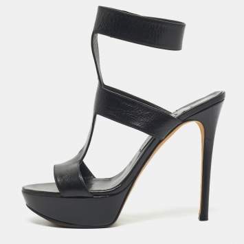 Pre Owned Gina Black Leather Platform Ankle Strap Sandals Size 40